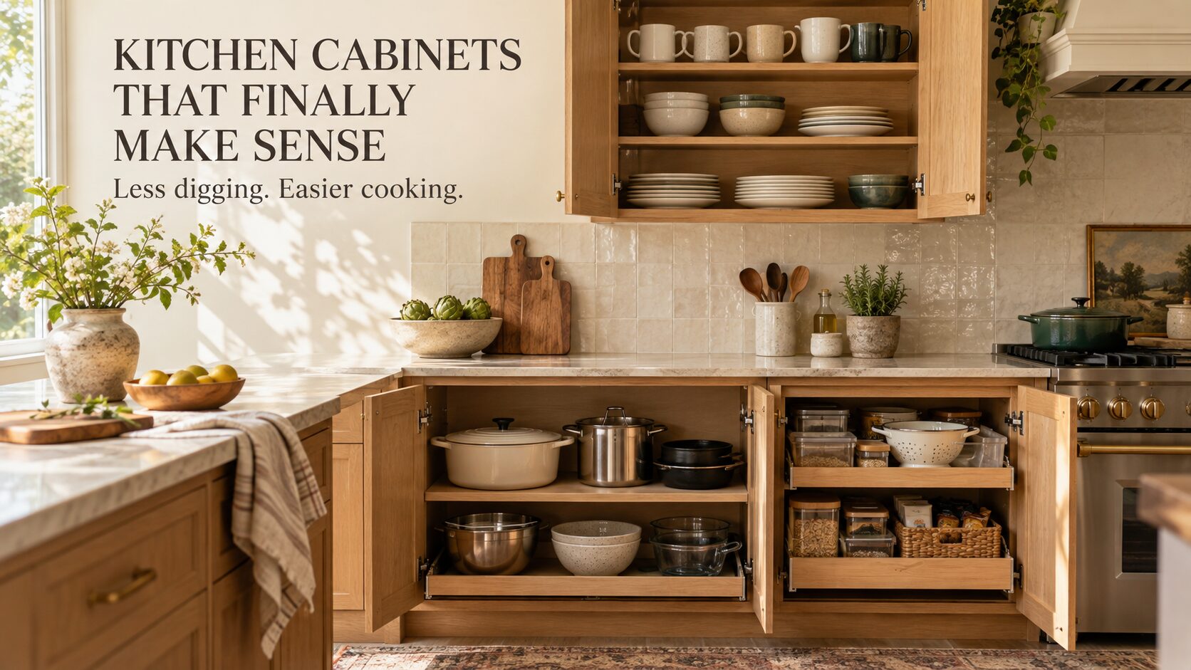 Warm oak kitchen with open upper cabinets holding everyday dishes and lower cabinets holding cookware, with kitchen organization headline overlay