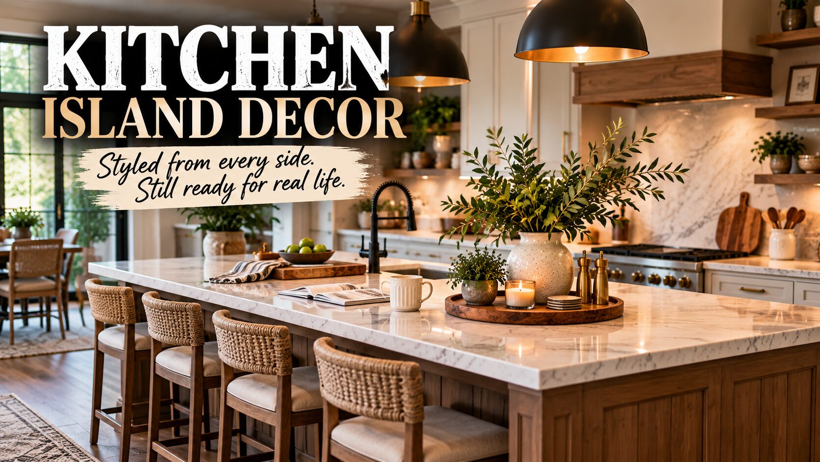 Warm kitchen island with stools, pendant lights, open prep space and a movable decorative anchor.