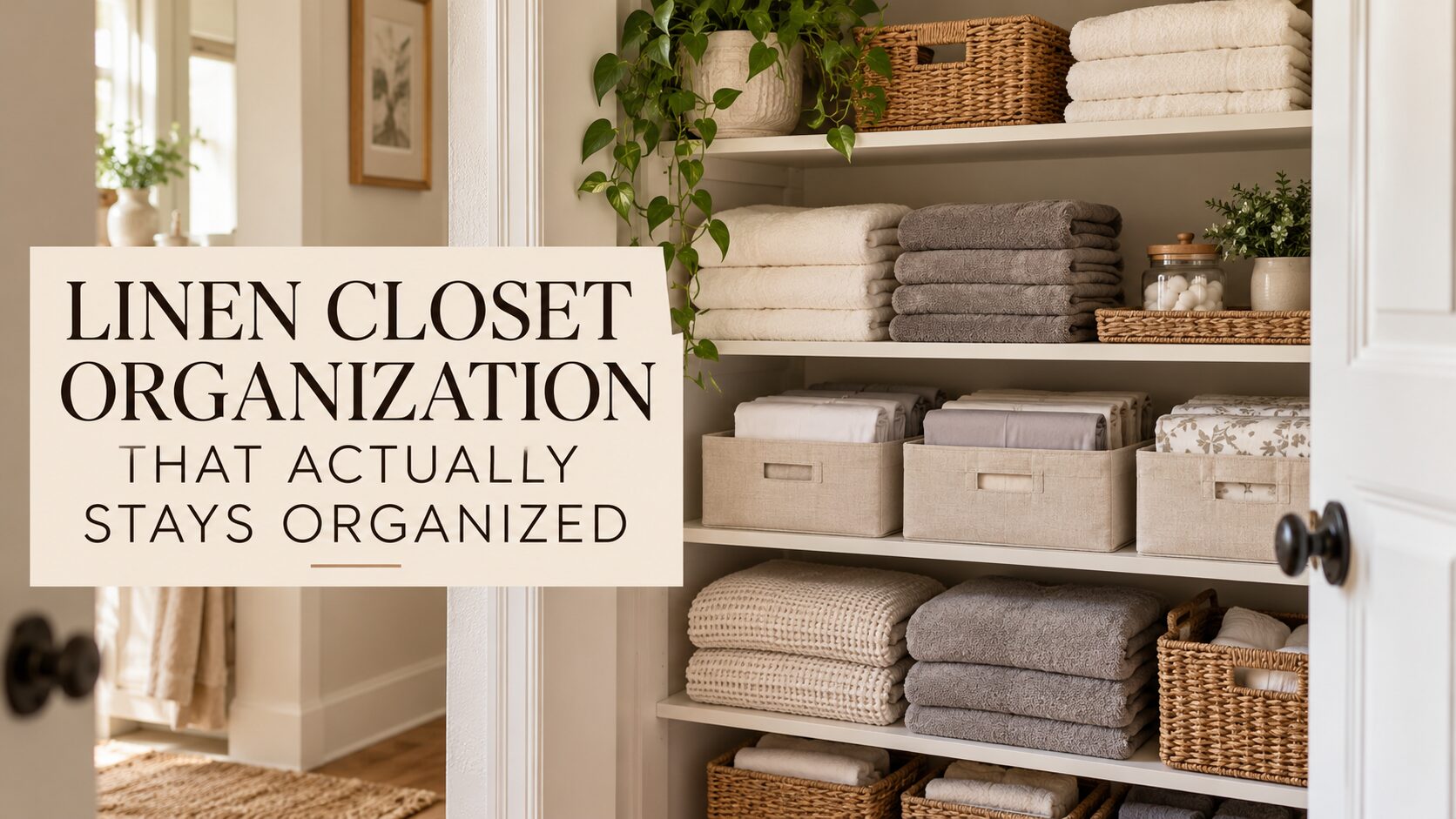A warm, realistic linen closet with neatly folded towels, sheet sets, woven baskets, and soft natural light.