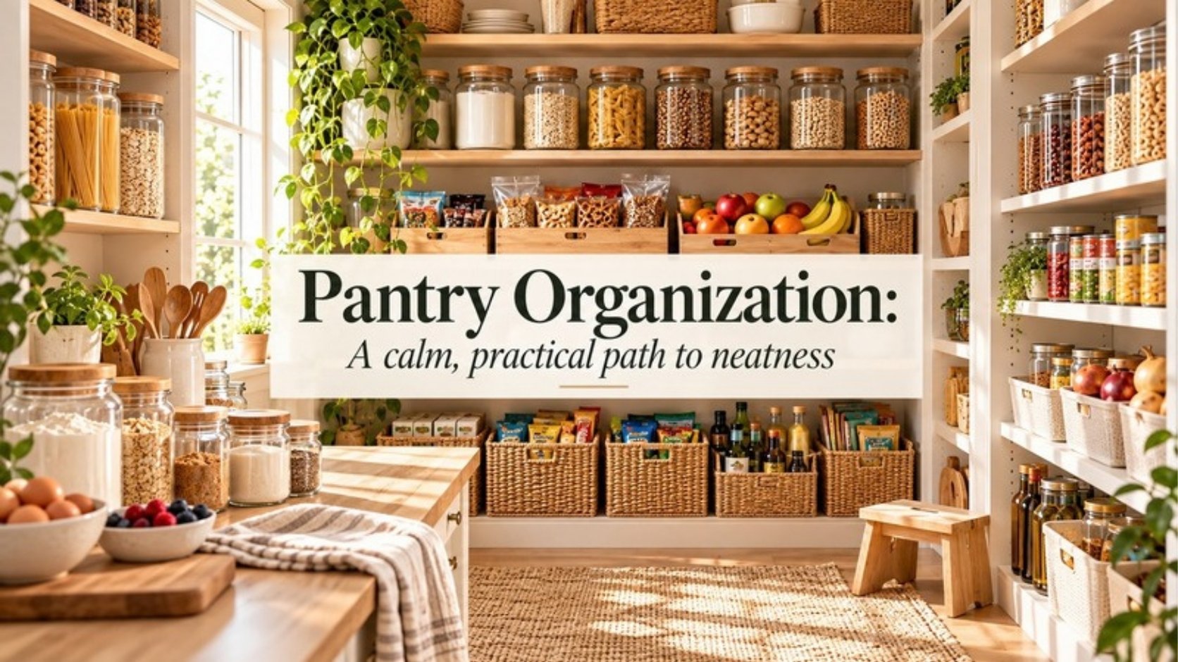 Sunlit pantry with glass jars, woven baskets, produce bins, and a Pantry Organization title overlay.