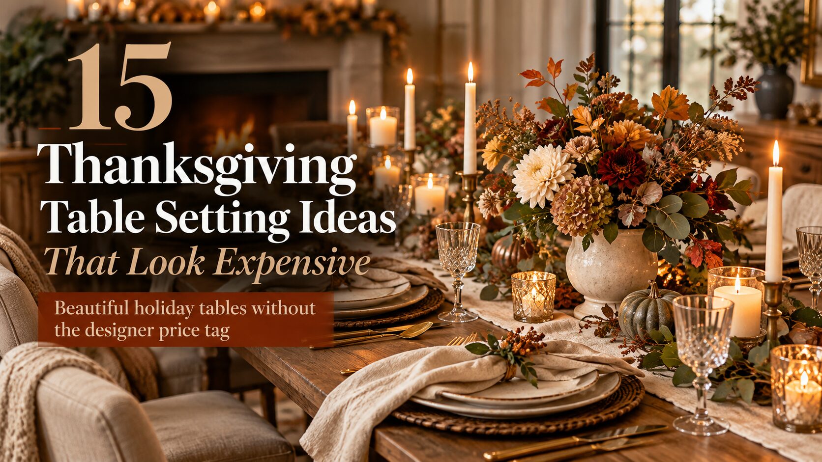 Warm Thanksgiving dining table with layered cream dinnerware, glowing candles, autumn flowers and an editorial title overlay.
