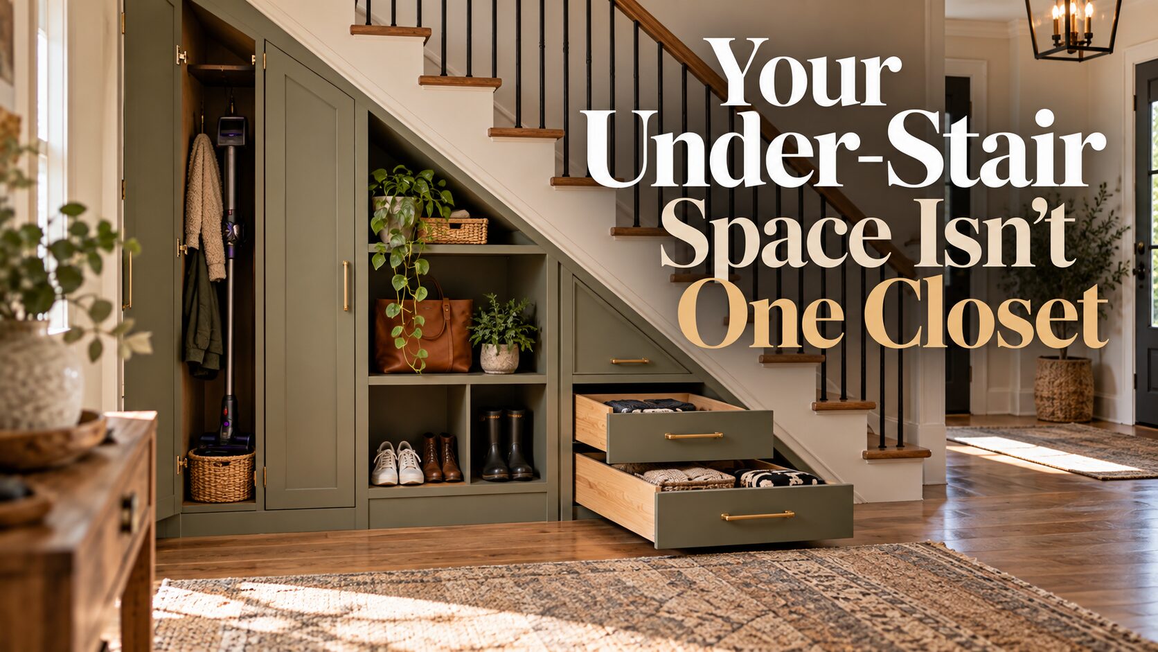 Under-stair storage divided into tall coat storage, middle cubbies, and shallow pull-out drawers in a realistic home entry.
