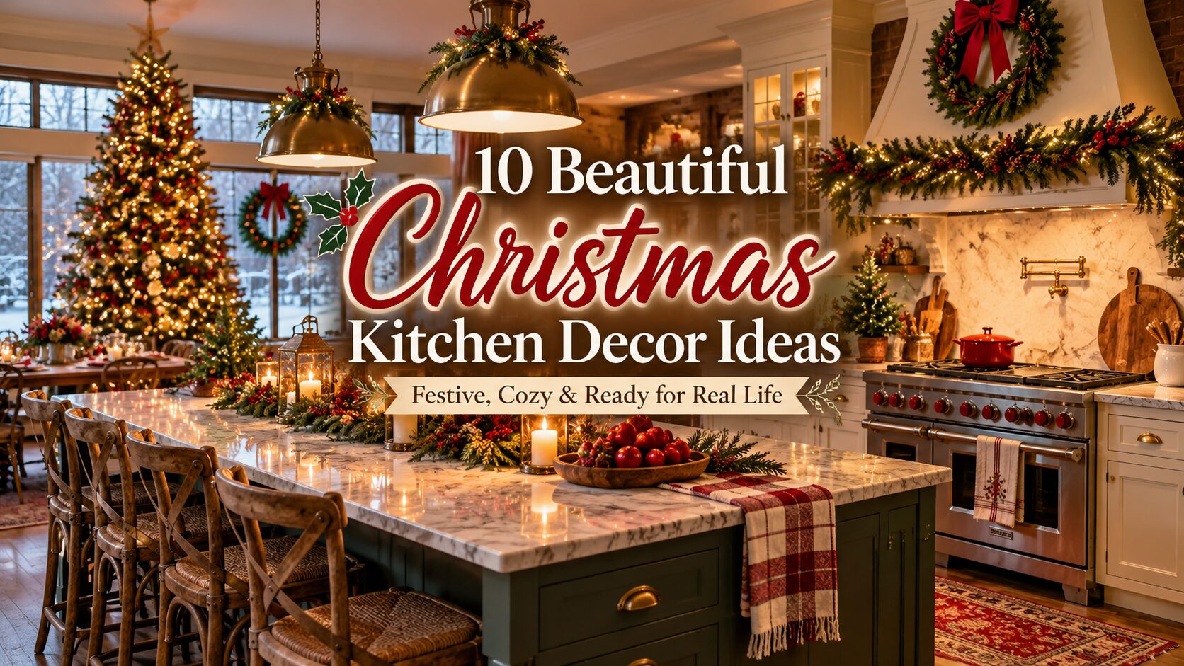 Warm Christmas kitchen with marble island, greenery, candles, red accents, wreaths, and a decorated tree with a Christmas Kitchen Decor Ideas overlay.