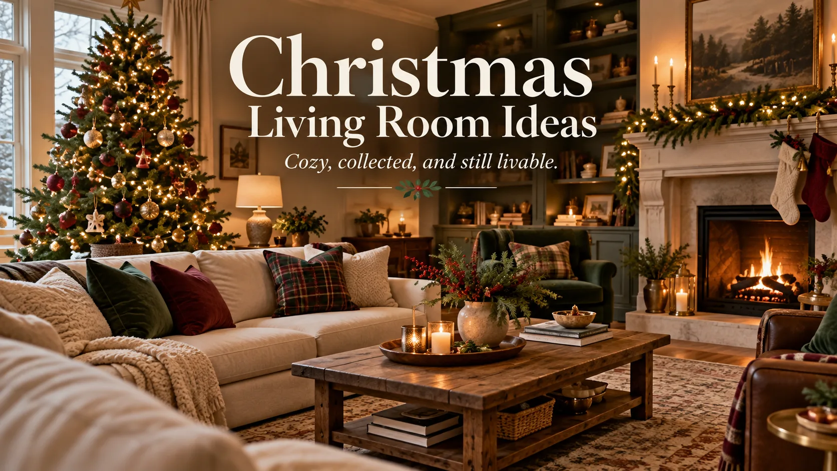 Warm Christmas living room with tree, fireplace, layered greenery, cream seating, deep green and burgundy accents, and a Christmas Living Room Ideas text overlay.