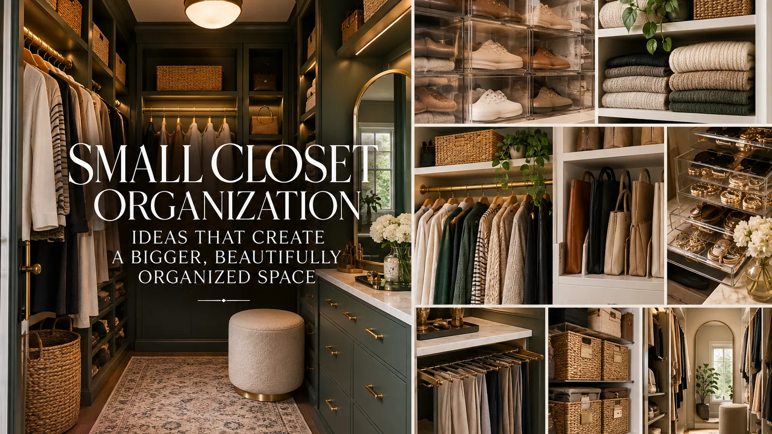 Editorial 16:9 graphic showing an organized small closet with hanging clothes, drawers, baskets, and storage details with a Small Closet Organization overlay.